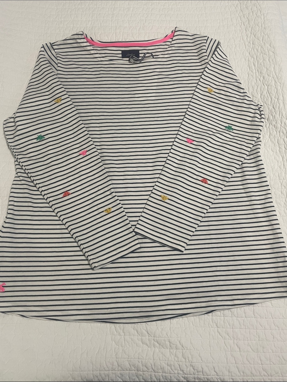 Joules White and Navy Striped Long-Sleeve Top with Multicolor Bee Embroidery